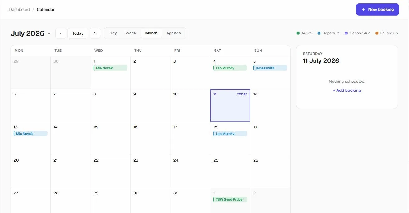 The TBW shared calendar with arrivals and departures