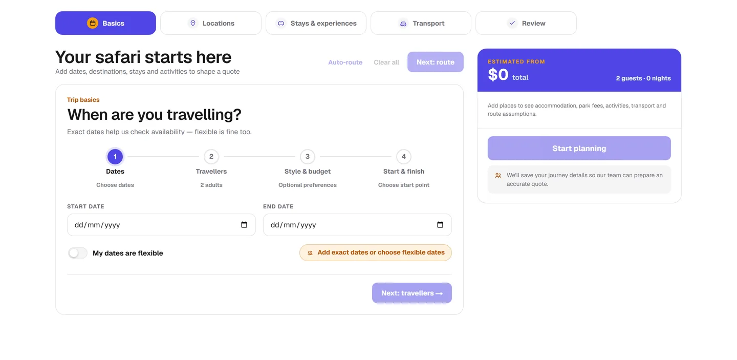 The TBW multi-stop trip builder taking a live enquiry