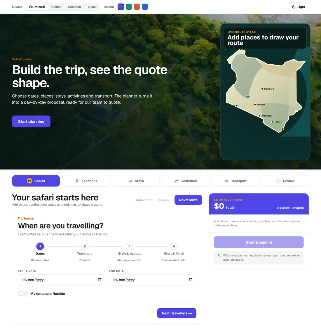 The full booking widget on an operator site, from hero to trip planner