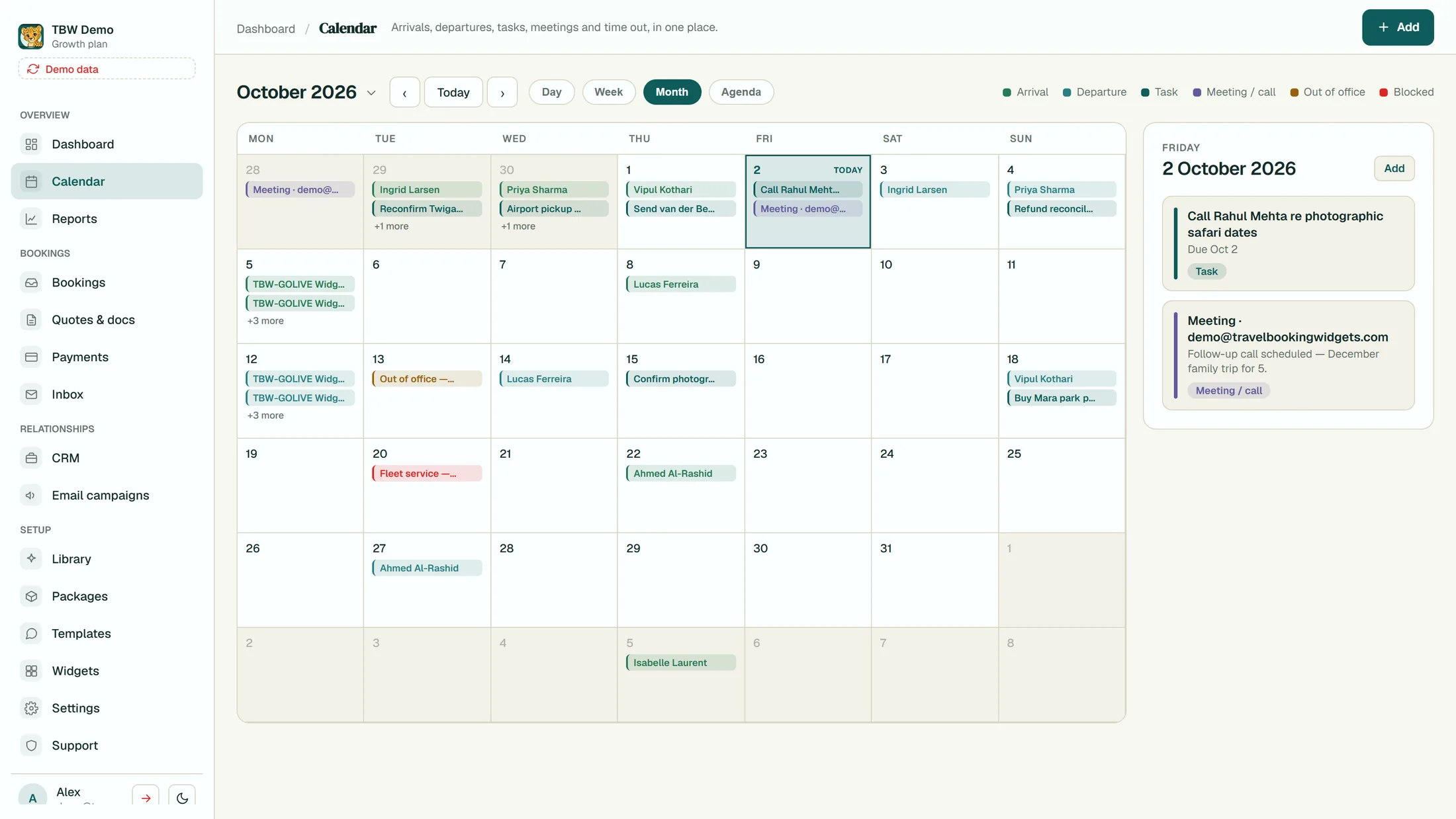 The TravelBookingWidgets shared calendar with arrivals and departures