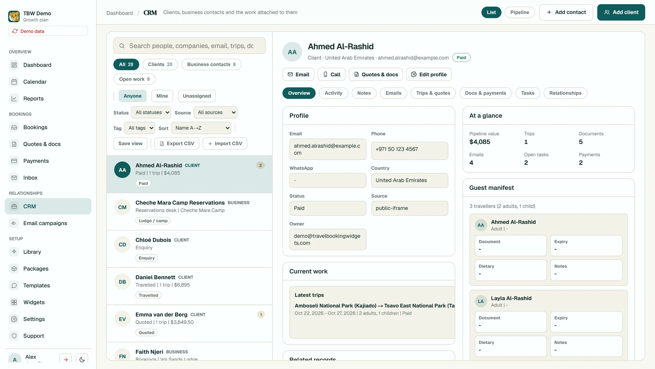 A guest profile in the TravelBookingWidgets CRM with trip, document and payment history