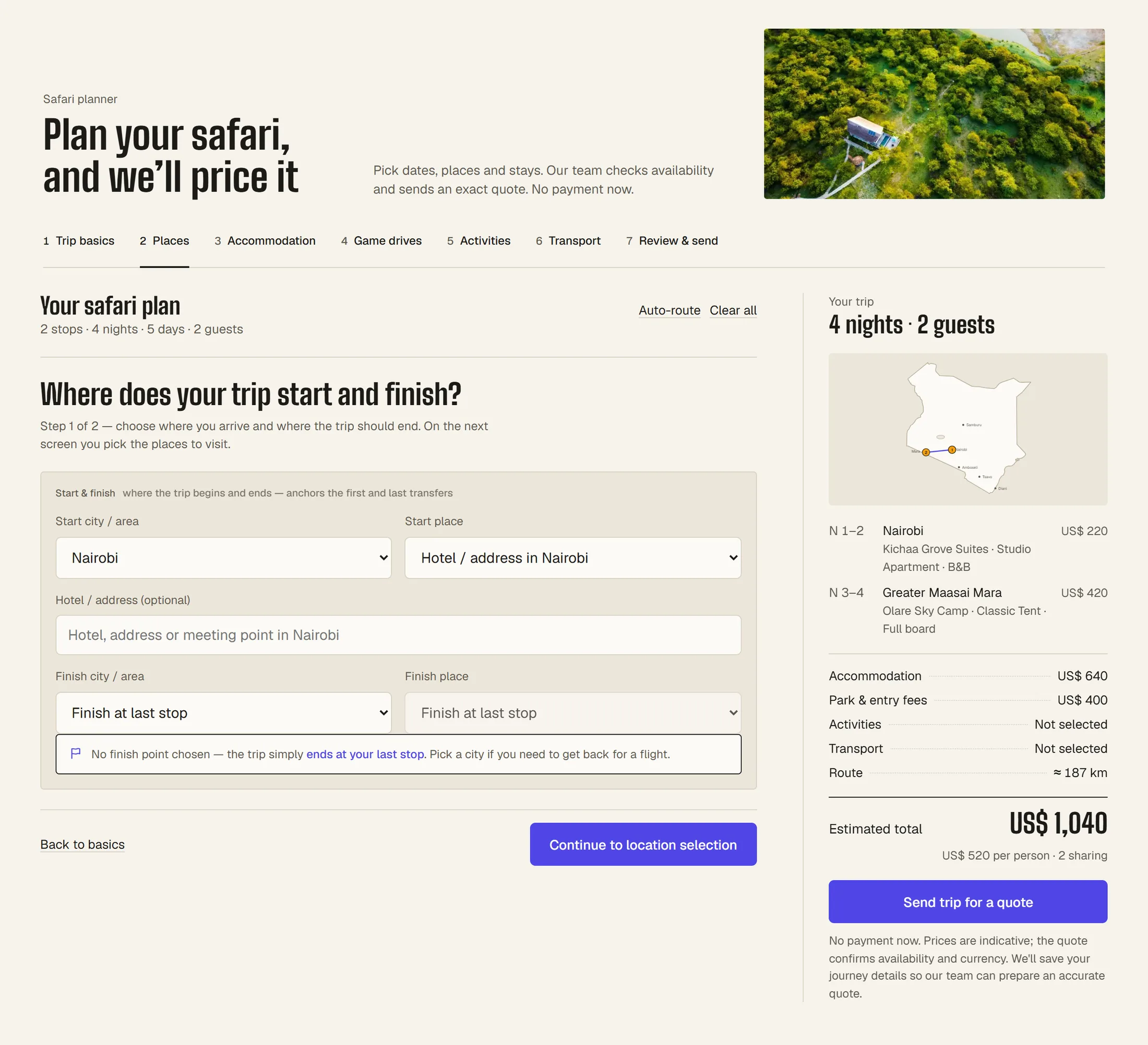 The TravelBookingWidgets multi-stop trip builder taking a live enquiry