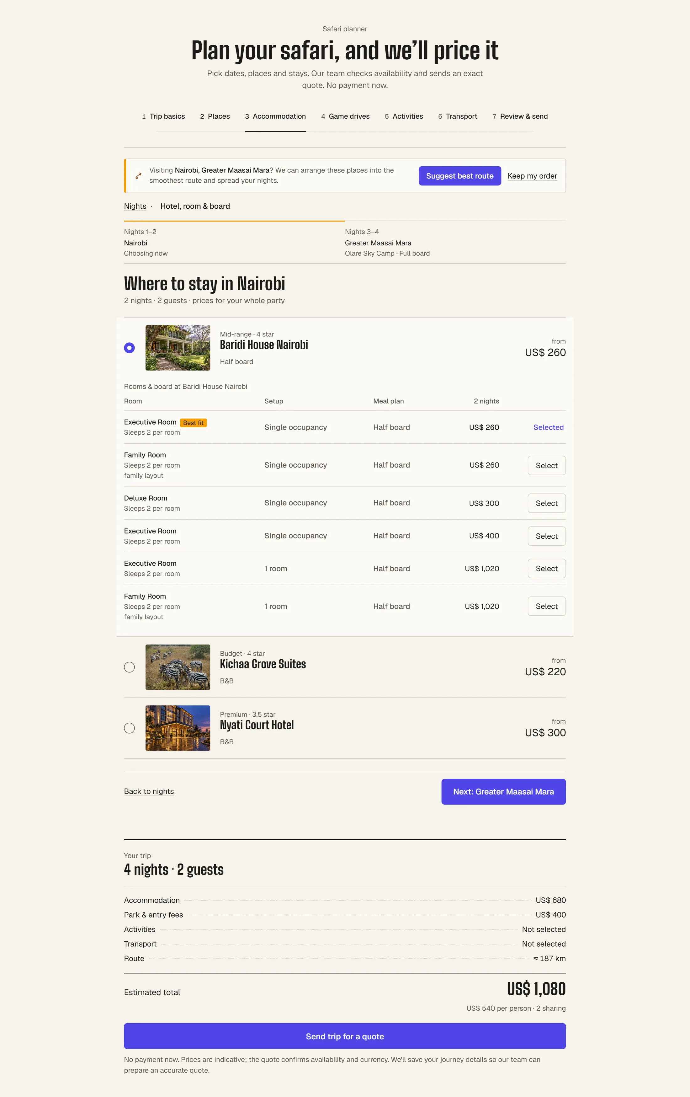 The full booking widget on an operator site, from hero to trip planner